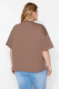 Trendyol Curve Brown Collar Ribbed Wide Pattern Basic 100% Cotton Knitting T-Shirt - Image 6