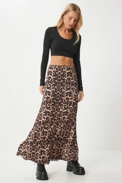 Happiness İstanbul Women's Black Beige Leopard Patterned Long Woven Skirt