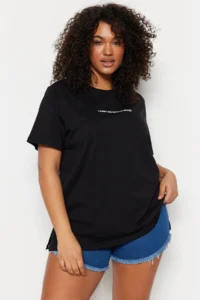 Trendyol Curve Black relaxed Fit Slogan Printed Crew Neck 100% Cotton Knitting Plus Size T-Shirt - Image 2