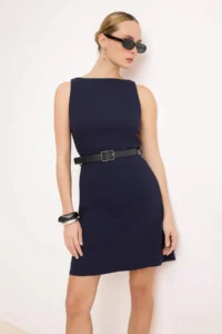 TRENDYOLMİLLA Wardrope Essentials Navy Blue Arched A Cut Mini Flexible Weaving Dress