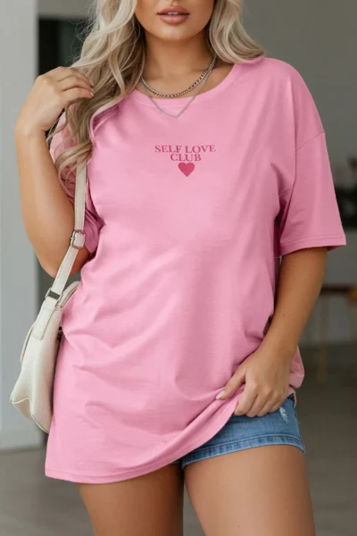Trendyol Curve Pink Printed Oversized 100% Cotton Knitting T-Shirt
