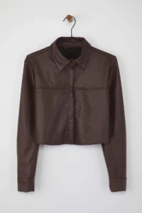 TRENDYOLMİLLA Dark Brown Crop Leather Shirt - Image 6