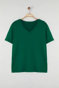 Trendyol Curve Emerald Green Regular Fit V-neck Plus Size T-Shirt - Image 5