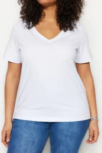Trendyol Curve White V-neck Basic 100% Cotton Knitting T-Shirt - Image 2