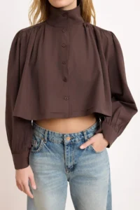 TRENDYOLMİLLA Brown Shirred Short/Crop Kesim Shirt - Image 3