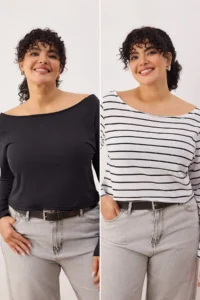 Trendyol Curve Multicolored 2 Sets Paket 100% Cotton Asymmetric Boat Neck Crop Knitting T-Shirt