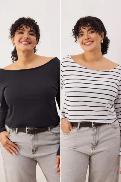 Trendyol Curve Multicolored 2 Sets Paket 100% Cotton Asymmetric Boat Neck Crop Knitting T-Shirt