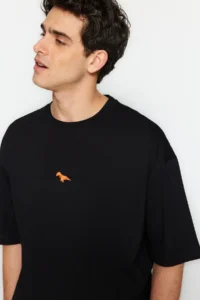 MAN Black Oversized/Wide Cut Crew Neck Short Sleeve Dinosaur Embroidered T-Shirt - Image 3