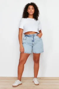 Trendyol Curve Light Blue Elastic High Waist Wide Cut 100% Cotton Plus Size Denim Shorts