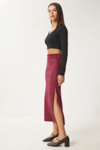 Happiness İstanbul Women's Burgundy Slit Long Suede Woven Skirt MC00292