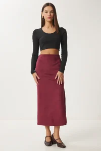 Happiness İstanbul Women's Burgundy Slit Long Suede Woven Skirt MC00292 - Image 2