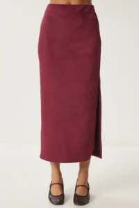 Happiness İstanbul Women's Burgundy Slit Long Suede Woven Skirt MC00292 - Image 3