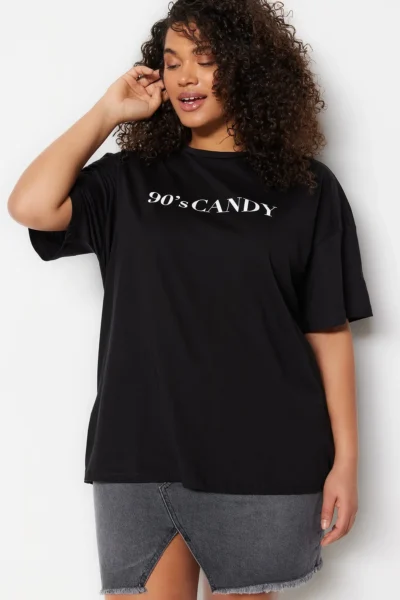 Trendyol Curve Black Wide Pattern Printed Crew Neck 100% Cotton Knitting T-Shirt