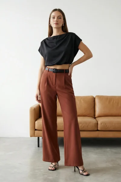 TRENDYOLMİLLA Dark Brown High Waist Wide Leg/Wide Leg Pilili Weaving Dress Pants