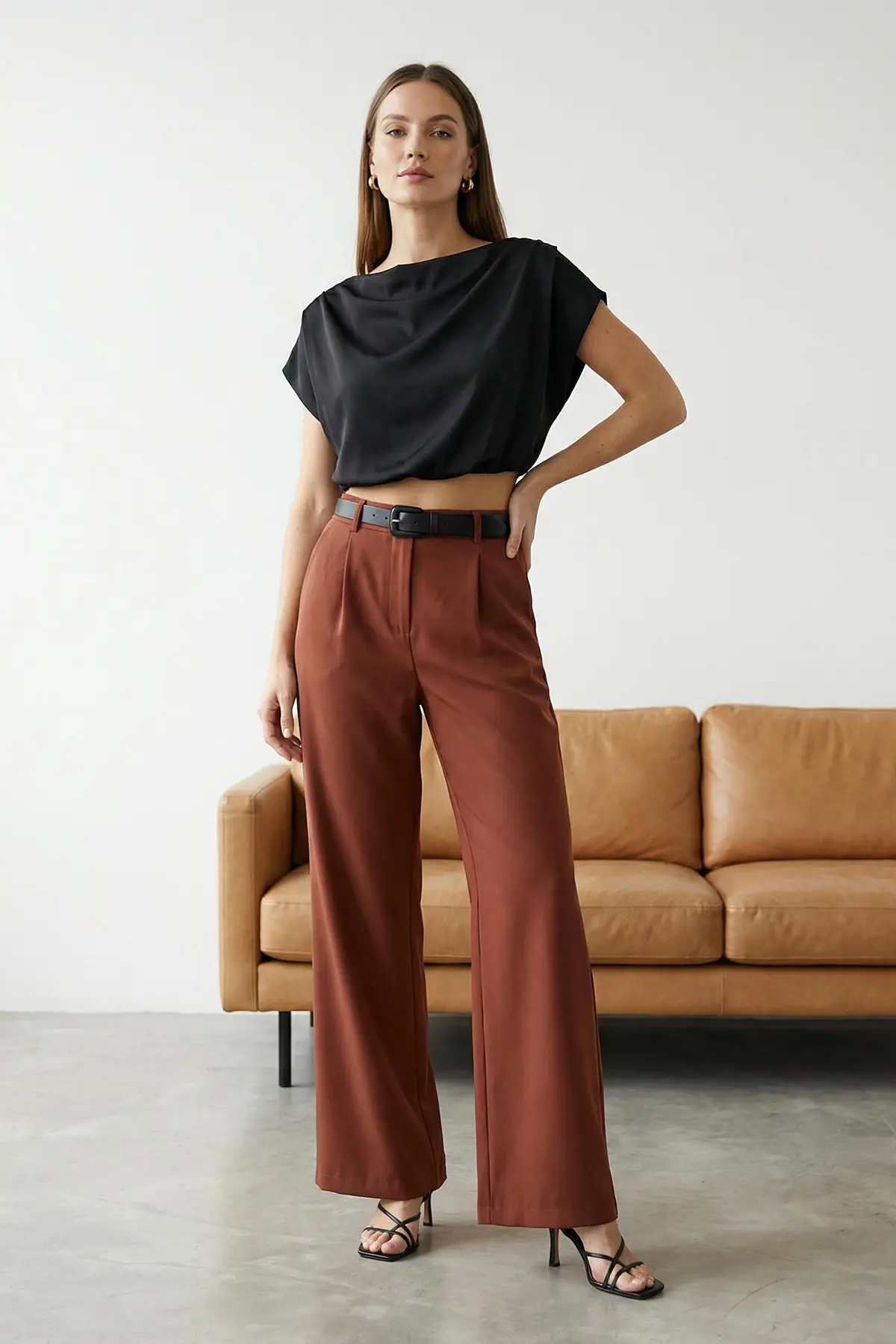 TRENDYOLMİLLA Dark Brown High Waist Wide Leg/Wide Leg Pilili Weaving Dress Pants