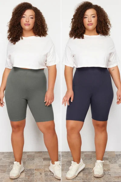 Trendyol Curve Navy Blue-Khaki High Waist 2 Sets Pack Biker/Short Plus Size Leggings