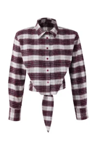 TRENDYOLMİLLA Burgundy-Multicolored Checkered Tie Back Flannel Shirt - Image 5
