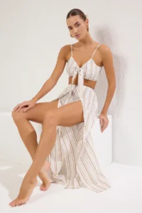 TRENDYOLMiLLA Beige Striped Weaving slit Beach High Waist Blouse-Pants Set - Image 2