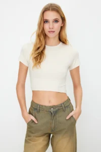TRENDYOLMİLLA Khaki-Open Stone 2 Sets Package Crop Viscous/Soft Material Flexible Knitting Blouse - Image 2