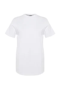 Trendyol Curve White Navy Blue Ribbed relaxed 100% Cotton Knitting T-Shirt - Image 8