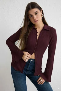 TRENDYOLMİLLA Plum textured Fitted Bele Oturan Weaving Shirt