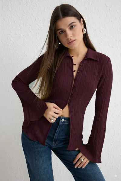TRENDYOLMİLLA Plum textured Fitted Bele Oturan Weaving Shirt