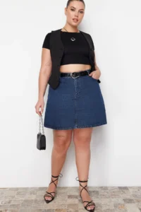 Trendyol Curve Mavi High Waist 100% Non-Stretch Cotton A Shape denim Skirt