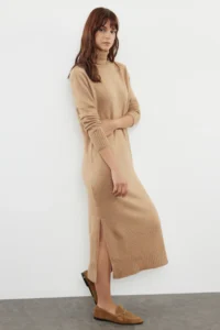 TRENDYOLMİLLA Camel Midi Wide Pattern Soft textured Knit Dress - Image 2