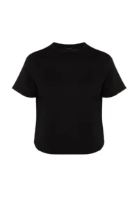 Trendyol Curve Black Crew Neck Stitching Detailed 100% Cotton Knitting Crop T-Shirt - Image 8