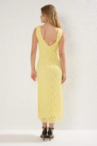 TRENDYOLMİLLA Light Yellow Lace bodycon Low-cut back Flexible Knitting Dress - Image 4