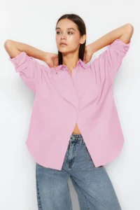 TRENDYOLMİLLA Pink Cotton Oversized Wide Pattern Weaving Shirt - Image 6