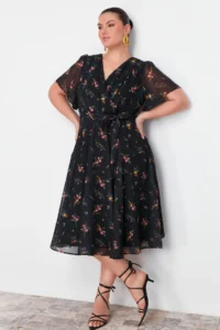 Trendyol Curve Multicolored flower patterned Siphon Double breasted Weaving Dress - Image 3