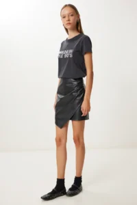 Happiness İstanbul Women Black Asymmetric Mini Faux Leather Skirt