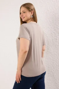 Trendyol Curve Stone Regular Fit V-neck Plus Size T-Shirt - Image 4