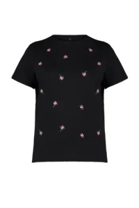 Trendyol Curve Black relaxed Floral Embroidery Detailed 100% Cotton Knitting Plus Size T-Shirt - Image 7
