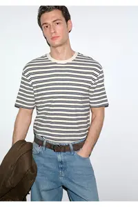 Mavi Navy Blue Striped Ecru T-Shirt Loose Fit / Loose Comfortable Cut 0613166-83699 - Image 2