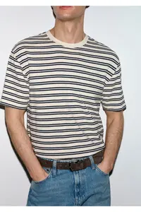 Mavi Navy Blue Striped Ecru T-Shirt Loose Fit / Loose Comfortable Cut 0613166-83699 - Image 4
