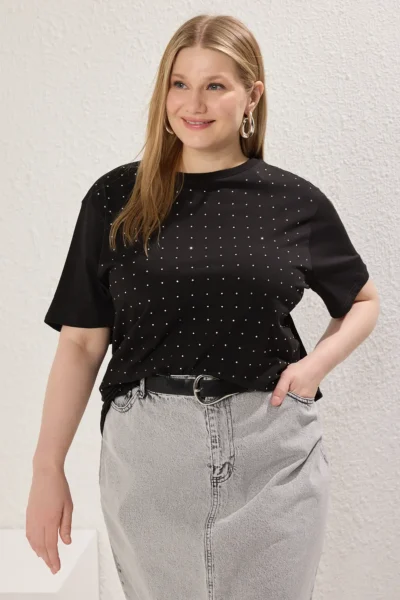 Trendyol Curve Black Stone Knitting Plus Size Tshirt