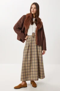 Lovelyİstanbul Checkered pleated flared Weaving Skirt  Beige Blue - Image 2