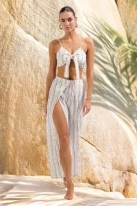TRENDYOLMiLLA Beige Striped Weaving slit Beach High Waist Blouse-Pants Set