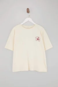 Trendyol Curve Ecru 100% Cotton Oversized/Wide Pattern Front Back Printed Knitting Plus Size T-Shirt - Image 4