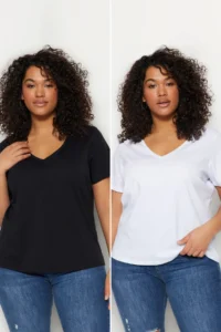 Trendyol Curve Black-White 2 Sets Paket Basic V-neck 100% Cotton Knitting Plus Size T-Shirt - Image 8