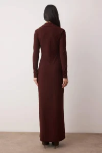 TRENDYOLMİLLA Brown Polo Shirt Collar buttoned bodycone/Fitting Maxi Knitting Dress - Image 4