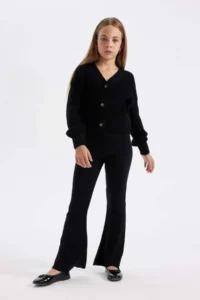 DeFacto Girl's V-Neck Buttoned Black Basic Plain Knitwear Cardigan A2298a824au - Image 5