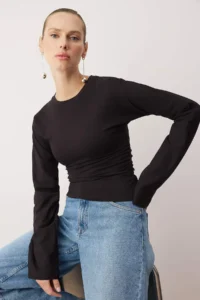 TRENDYOLMİLLA Black Spanish Arm Gathering Detailed Regular/Normal Pattern Knitting Blouse - Image 2