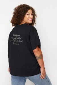 Trendyol Curve Black Crew Neck Back Printed 100% Cotton Knitting T-Shirt - Image 6