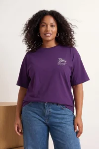 Trendyol Curve Purple 100% Cotton Oversized/Wide Pattern Galaxy Printed Plus Size Knitting T-Shirt - Image 2