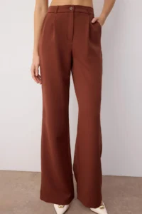 TRENDYOLMİLLA Dark Brown High Waist Wide Leg/Wide Leg Pilili Weaving Dress Pants - Image 4
