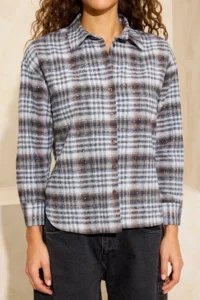 TRENDYOLMİLLA Brown-Multicolored Plaid Stone Printed Wide Pattern Shirt - Image 3