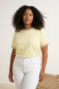 Trendyol Curve Yellow Crew Neck Biye Detailed Basic Plus Size T-Shirt - Image 2